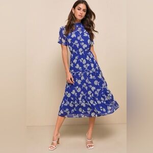 Lulu's Floral Dressed Up Royal Blue Floral Print Midi Dress XL